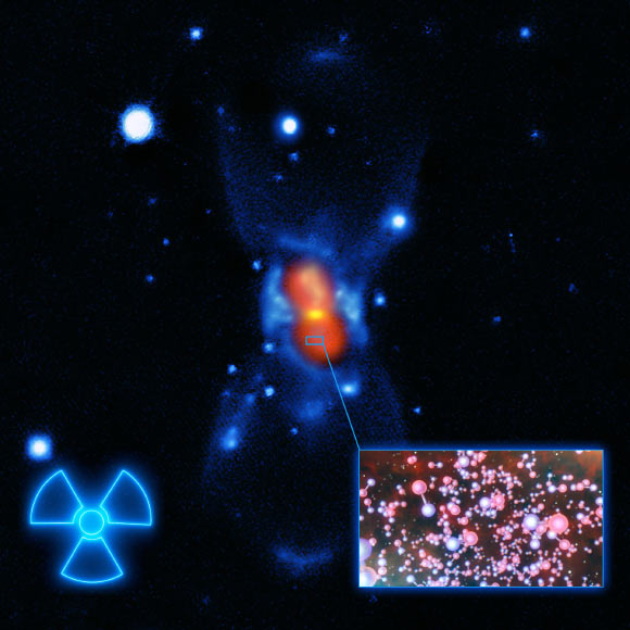 This image shows CK Vulpeculae, the remains of a double-star collision. This impact launched radioactive molecules into space, as indicated in this artist’s impression, which gives a very close-up view of what these molecules look like. The background image was created from a combination of visible-light images from the Gemini telescope (blue), a submillimeter map showing the dust from the SMA (yellow) and finally a map of the molecular emission from APEX and the SMA (red). Image credit: L. Calçada / ESO.