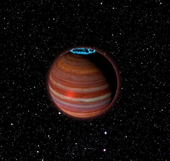 Artist’s conception of SIMP01365, an object with 12.7 times the mass of Jupiter, but a magnetic field 200 times more powerful than Jupiter’s. Image credit: Chuck Carter, Caltech / NRAO / AUI / NSF.
