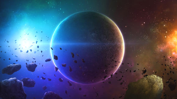 An artist’s rendition of NWA 11119 (far right bottom corner of illustration), the oldest-ever igneous meteorite. Image credit: University of New Mexico.