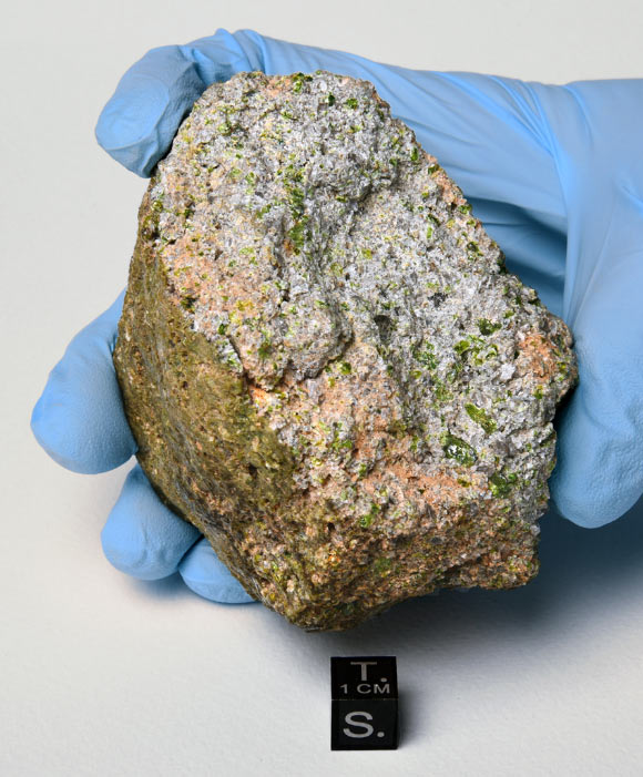 NWA 11119 is a single stone of 453 g, and resides at the Maine Mineral & Gem Museum. A 23 g subsample deposited at the Institute of Meteoritics at the University of New Mexico was used for this study. Image credit: B. Barrett / Maine Mineral & Gem Museum.