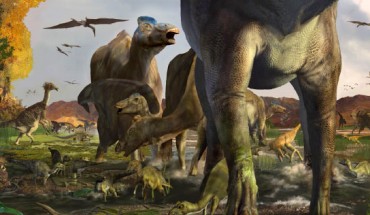Life reconstruction of hadrosaur-therizinosaur co-occurrence based on tracks described in this study. Image credit: Karen Carr.