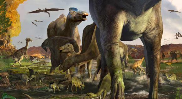 Life reconstruction of hadrosaur-therizinosaur co-occurrence based on tracks described in this study. Image credit: Karen Carr.