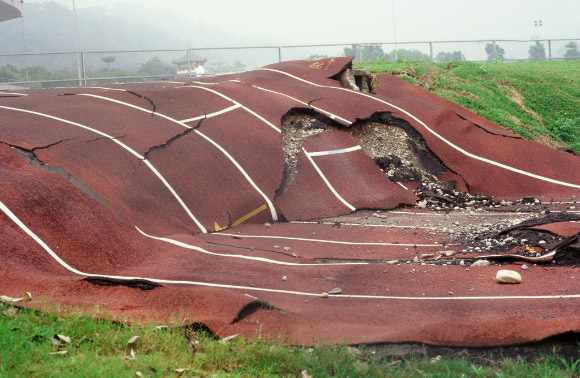 O’Malley et al find quakes can systematically trigger other ones on opposite side of the globe. This image shows a high school running track in Taiwan crossed by the Chelungpu fault in an earthquake in September 1999. Image credit: Bob Yeats, Oregon State University.