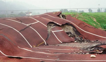 O’Malley et al find quakes can systematically trigger other ones on opposite side of the globe. This image shows a high school running track in Taiwan crossed by the Chelungpu fault in an earthquake in September 1999. Image credit: Bob Yeats, Oregon State University.