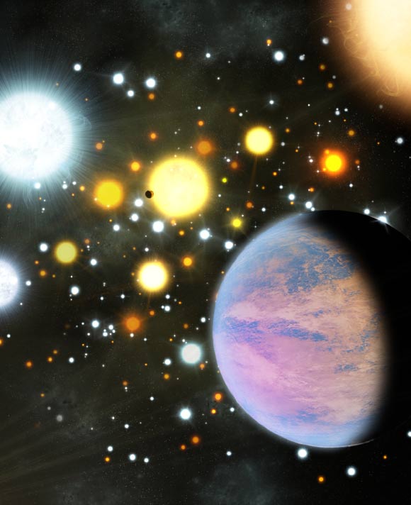 An artist’s conception of exoplanets in a dense stellar environment. Image credit: Michael Bachofner.