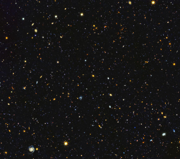 Hubble’s ultraviolet vision opens a new window on the evolving Universe, tracking the birth of stars over the last 11 billion years back to the cosmos’ busiest star-forming period, about 3 billion years after the Big Bang. This new image from Hubble encompasses a sea of approximately 15,000 galaxies -- 12,000 of which are starburst galaxies -- widely distributed in time and space. Image credit: NASA / ESA / P. Oesch, University of Geneva / M. Montes, University of New South Wales.