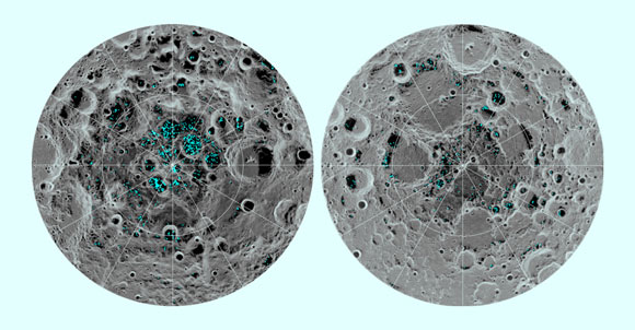 This image shows the distribution of surface ice at the Moon’s south pole (left) and north pole (right), detected by NASA’s Moon Mineralogy Mapper instrument. Blue represents the ice locations, plotted over an image of the lunar surface, where the gray scale corresponds to surface temperature (darker representing colder areas and lighter shades indicating warmer zones). The ice is concentrated at the darkest and coldest locations, in the shadows of craters. This is the first time scientists have directly observed definitive evidence of water ice on the Moon’s surface. Image credit: NASA.