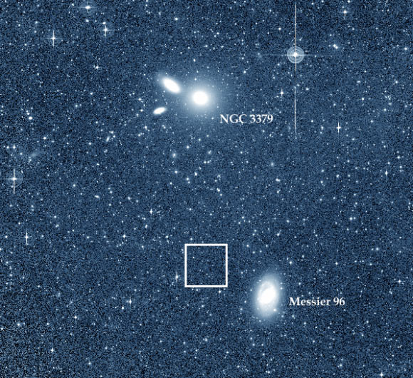 Wide field image of the Leo I galaxy group. BST1047+1156 is located at the center of the white box. Image credit: Mihos et al, doi: 10.3847/2041-8213/aad62e.