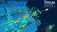 A candidate event display for the production of a Higgs boson decaying to two bottom quarks (blue cones), in association with a W boson decaying to a muon (red) and a neutrino. The neutrino leaves the detector unseen, and is reconstructed through the missing transverse energy (dashed line). Image credit: ATLAS Collaboration / CERN.
