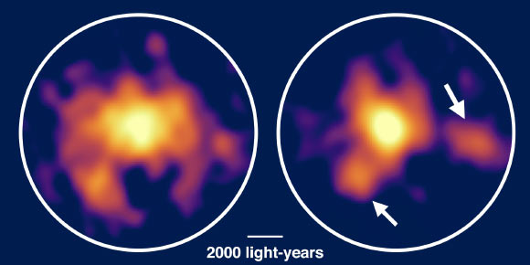 ALMA observations revealed dense gas concentrations in the disk of AzTEC/COSMOS-1 and intense stars formation in those concentrations. Image credit: National Astronomical Observatory of Japan.