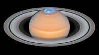 This Hubble image is a composite of observations made of Saturn in early 2018 in the optical and of the auroras on Saturn’s north pole region, made in 2017. Image credit: NASA / ESA / Hubble / A. Simon, NASA’s Goddard Space Flight Center / OPAL Team / J. DePasquale, STScI / L. Lamy, Observatoire de Paris.