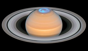 This Hubble image is a composite of observations made of Saturn in early 2018 in the optical and of the auroras on Saturn’s north pole region, made in 2017. Image credit: NASA / ESA / Hubble / A. Simon, NASA’s Goddard Space Flight Center / OPAL Team / J. DePasquale, STScI / L. Lamy, Observatoire de Paris.