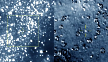 The figure on the left is a composite image produced by adding 48 different exposures from News Horizons’ Long Range Reconnaissance Imager, each with an exposure time of 29.967 seconds, taken on August 16, 2018. The predicted position of 2014 MU69 is at the center of the yellow box, and is indicated by the yellow crosshairs, just above and left of a nearby star that is approximately 17 times brighter than 2014 MU69. At right is a magnified view of the region in the yellow box, after subtraction of a background star field ‘template’ taken by LORRI in September 2017 before it could detect the object itself. 2014 MU69 is clearly detected in this star-subtracted image and is very close to where scientists predicted, indicating to the team that New Horizons is being targeted in the right direction. The many artifacts in the star-subtracted image are caused either by small mis-registrations between the new LORRI images and the template, or by intrinsic brightness variations of the stars. At the time of these observations, 2014 MU69 was 107 million miles (172 million km) from the New Horizons spacecraft and 4 billion miles (6.5 billion km) from the Sun. Image credit: NASA / JHUAPL / SwRI.