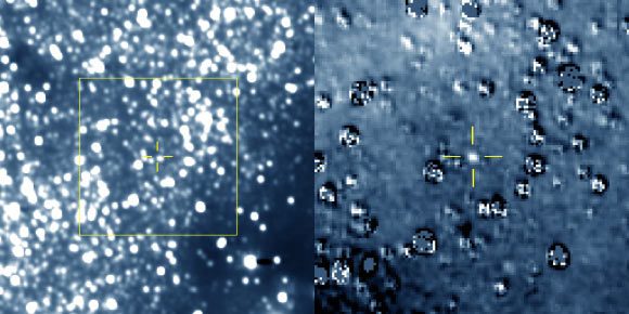 The figure on the left is a composite image produced by adding 48 different exposures from News Horizons’ Long Range Reconnaissance Imager, each with an exposure time of 29.967 seconds, taken on August 16, 2018. The predicted position of 2014 MU69 is at the center of the yellow box, and is indicated by the yellow crosshairs, just above and left of a nearby star that is approximately 17 times brighter than 2014 MU69. At right is a magnified view of the region in the yellow box, after subtraction of a background star field ‘template’ taken by LORRI in September 2017 before it could detect the object itself. 2014 MU69 is clearly detected in this star-subtracted image and is very close to where scientists predicted, indicating to the team that New Horizons is being targeted in the right direction. The many artifacts in the star-subtracted image are caused either by small mis-registrations between the new LORRI images and the template, or by intrinsic brightness variations of the stars. At the time of these observations, 2014 MU69 was 107 million miles (172 million km) from the New Horizons spacecraft and 4 billion miles (6.5 billion km) from the Sun. Image credit: NASA / JHUAPL / SwRI.