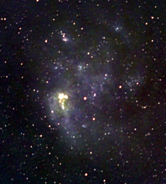 A red, green, blue composite image of the Large Magellanic Cloud made from radio wavelength observations at 123, 181 and 227 MHz. At these wavelengths, emission from cosmic rays and the hot gases belonging to the star forming regions and supernova remnants of the galaxy are visible. Image credit: International Centre for Radio Astronomy Research.