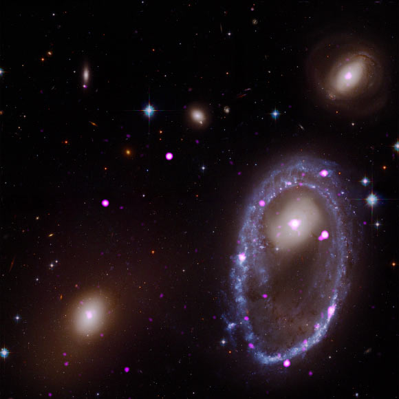 New data from NASA’s Chandra X-ray Observatory reveal the presence of very bright X-ray sources, most likely binary systems powered by either a stellar-mass black hole or neutron star, in the remarkable ring of the galaxy AM 0644-741. In this composite image, X-rays from Chandra (purple) have been combined with optical data from the NASA/ESA Hubble Space Telescope (red, green, and blue). Image credit: X-ray – NASA / CXC / INAF / A. Wolter et al; optical – NASA / STScI.