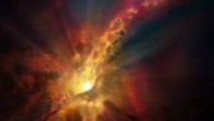 An artist’s impression of an outflow of molecular gas from an active star-forming galaxy. Image credit: NRAO / AUI / NSF / D. Berry.