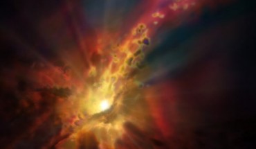 An artist’s impression of an outflow of molecular gas from an active star-forming galaxy. Image credit: NRAO / AUI / NSF / D. Berry.