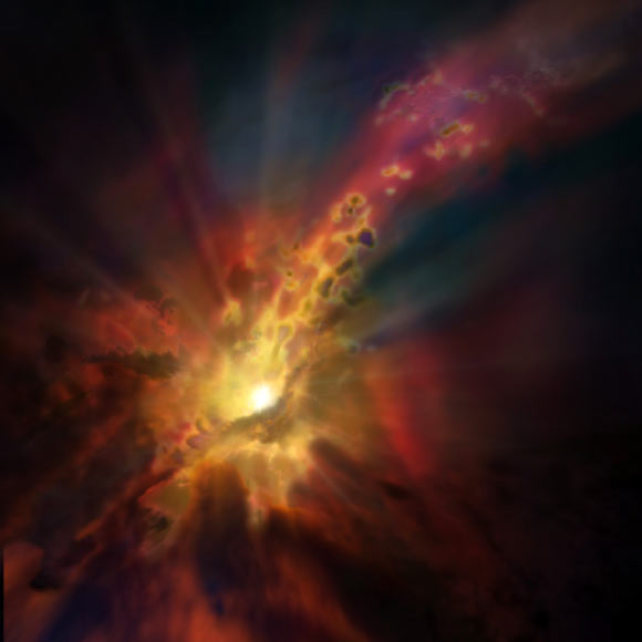 An artist’s impression of an outflow of molecular gas from an active star-forming galaxy. Image credit: NRAO / AUI / NSF / D. Berry.