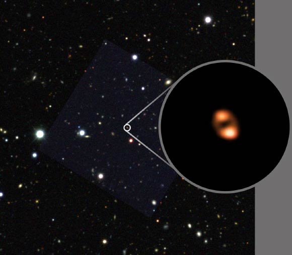 ALMA imaged the outflow from SPT2319-55, a galaxy seen when the Universe was only one billion years old. This image (circle call out) shows the location of hydroxyl molecules. These molecules trace the location of star-forming gas as it is fleeing the galaxy, driven by either supernovas or a black-hole powered ‘wind.’ The background star field from the Blanco Telescope Dark Energy Survey shows the location of SPT2319-55. The circular, double-lobe shape of the distant galaxy is due to the distortion caused by the cosmic magnifying effect of an intervening galaxy. Image credit: ALMA / ESO / NAOJ / NRAO / J. Spilker / AUI / NSF / S. Dagnello / AURA.