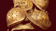 Four Eastern box turtle rattles tied to leather legging with leather string with stone flakes inside of the shells. Image credit: Andrew Gillreath-Brown / McClung Museum of Natural History and Culture, University of Tennessee.