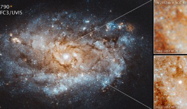 Unlike most supernovae that fade away, SN 2012au continues to shine today thanks to a powerful new pulsar. Image credit: NASA / ESA / J. DePasquale, STScI.