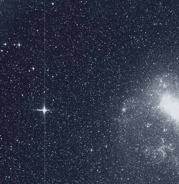 TESS took this snapshot of the Large Magellanic Cloud (right) and the bright star R Doradus (left) with just a single detector of one of its cameras on August 7. Image credit: NASA / MIT / TESS.