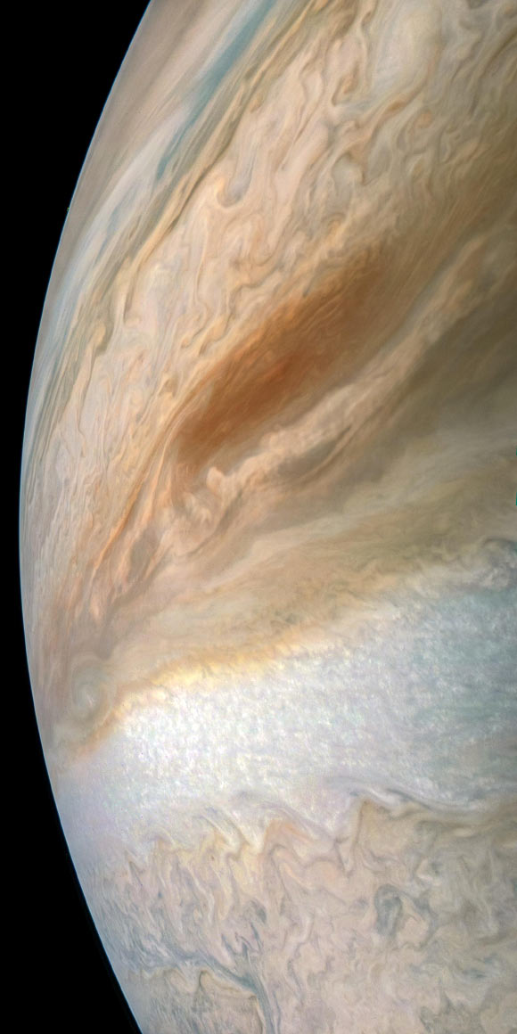 A ‘brown barge’ cyclone in Jupiter’s South Equatorial Belt. Citizen scientist Kevin M. Gill created this image using data from the JunoCam imager aboard NASA’s Juno spacecraft. Image credit: NASA / JPL-Caltech / SwRI / MSSS / Kevin M. Gill.