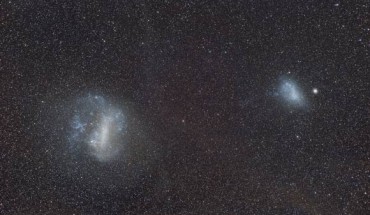 B. Armstrong & K. Bekki suggest that the Large (left) and Small Magellanic Clouds were originally a triplet system containing a companion dwarf galaxy. Image credit: Andrew Lockwood.