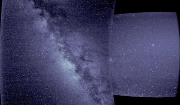 First light data from Parker Solar Probe’s WISPR instrument suite: the right side of this image -- from WISPR’s inner telescope -- has a 40-degree field of view, with its right edge 58.5 degrees from the Sun’s center; the bright object slightly to the right of the image's center is Jupiter; the left side of the image is from WISPR’s outer telescope, which has a 58-degree field of view and extends to about 160 degrees from the Sun; it shows the Milky Way, looking at the Galactic center; there is a parallax of about 13 degrees in the apparent position of the Sun as viewed from Earth and from Parker Solar Probe. Image credit: NASA / Naval Research Laboratory / Parker Solar Probe.