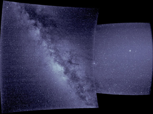 First light data from Parker Solar Probe’s WISPR instrument suite: the right side of this image -- from WISPR’s inner telescope -- has a 40-degree field of view, with its right edge 58.5 degrees from the Sun’s center; the bright object slightly to the right of the image's center is Jupiter; the left side of the image is from WISPR’s outer telescope, which has a 58-degree field of view and extends to about 160 degrees from the Sun; it shows the Milky Way, looking at the Galactic center; there is a parallax of about 13 degrees in the apparent position of the Sun as viewed from Earth and from Parker Solar Probe. Image credit: NASA / Naval Research Laboratory / Parker Solar Probe.