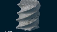 An example of 3D-printed LCP part with complex fiber architecture and geometry: an impact-resistant Bouligand-type structure with twisted plywood arrangement of printed fibers. Image credit: Gantenbein et al, doi: 10.1038/s41586-018-0474-7.