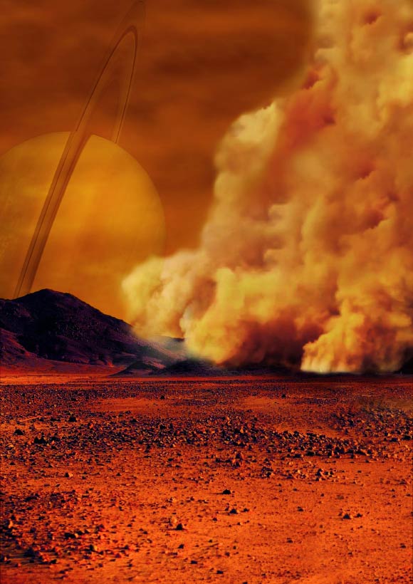 An artist’s concept of a dust storm on Titan. Image credit: NASA / ESA / IPGP / Labex UnivEarthS / University Paris Diderot.