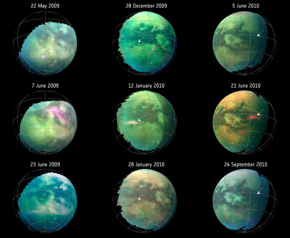 This compilation of images from nine Cassini flybys of Titan in 2009 and 2010 captures three instances when clear bright spots suddenly appeared in images taken by Cassini’s Visual and Infrared Mapping Spectrometer. The brightenings were visible only for a short period of time -- between 11 hours to five Earth weeks -- and cannot be seen in previous or subsequent images. Image credit: NASA / JPL-Caltech / University of Arizona / University Paris Diderot / IPGP.