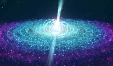 An artist’s impression of the strong magnetic neutron star Swift J0243.6+6124 launching a jet. Image credit: ICRAR / University of Amsterdam.