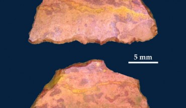 Pleistocene backed artifact dated to 43,000 years ago showing evidence of use on its working edge: ventral and dorsal surfaces. Image credit: McDonald et al, doi: 10.1371/journal.pone.0202511.