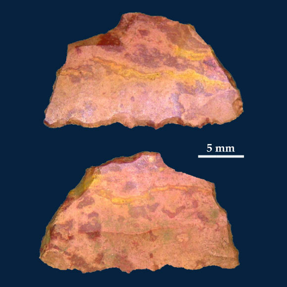 Pleistocene backed artifact dated to 43,000 years ago showing evidence of use on its working edge: ventral and dorsal surfaces. Image credit: McDonald et al, doi: 10.1371/journal.pone.0202511.