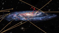 The positions and reconstructed orbits of 20 high-velocity stars, represented on top of an artistic view of the Milky Way Galaxy. The seven stars shown in red are sprinting away from the Galaxy and could be traveling fast enough to eventually escape its gravity. Surprisingly, the study revealed also thirteen stars, shown in orange, that are racing towards the Milky Way: these could be stars from another galaxy, zooming right through our own. Image credit: NASA / ESA / Hubble / Marchetti et al.