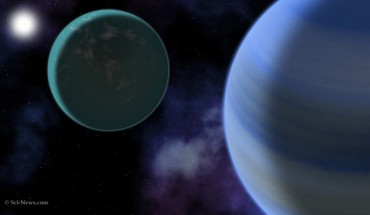 An artist’s impression of the gas giant Kepler 1625b with its large moon, Kepler 1625b-i; the pair has a similar mass and radius ratio to the Earth-Moon system but scaled up by a factor of 11. Image credit: Sci-News.com.