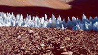 Terrestrial penitentes from the southern end of the Chajnantor plain, Chile, in 2005; the view is broadly northwards; blades can be seen perpendicular to the viewing direction. Image credit: ESO.