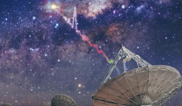 An artist’s impression of CSIRO’s ASKAP radio telescope detecting a fast radio burst. Image credit: Swinburne University of Technology / OzGrav ARC Centre of Excellence.