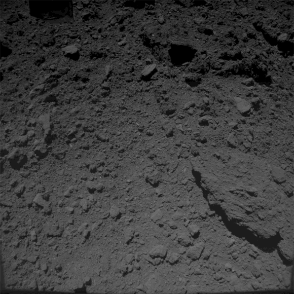 JAXA’s Hayabusa-2 spacecraft acquired images of the MASCOT lander as it approached Ryugu on October 3, 2018. MASCOT can be seen at the top. Image credit: JAXA / Tokyo University / Kochi University / Rikkyo University / Nagoya University / Chiba Institute of Technology / Meiji University / Aizu University / AIST.