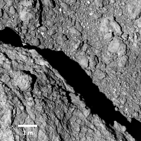 This image of Ryugu was captured by the ONC-T camera aboard the Hayabusa-2 spacecraft on September 21, 2018, from a distance of 210 feet (64 m). Image credit: JAXA / Tokyo University / Kochi University / Rikkyo University / Nagoya University / Chiba Institute of Technology / Meiji University / Aizu University / AIST.