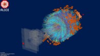 An event from the first xenon-xenon collision at the Large Hadron Collider at 5.44 TeV registered by ALICE; a colored track (blue) corresponds to the trajectory of a charged particle produced in a single collision. Image credit: ALICE Collaboration.