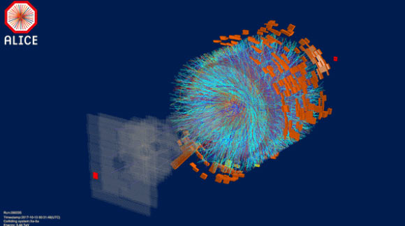 An event from the first xenon-xenon collision at the Large Hadron Collider at 5.44 TeV registered by ALICE; a colored track (blue) corresponds to the trajectory of a charged particle produced in a single collision. Image credit: ALICE Collaboration.