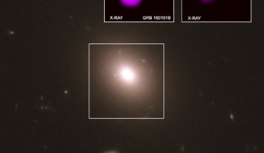 This image shows data from NASA’s Chandra X-ray Observatory (purple in the inset boxes) in context with an optical image of GRB 150101B from the NASA/ESA Hubble Space Telescope. Image credit: X-rays – NASA / CXC / GSFC / UMC / E. Troja et al; optical and infrared – NASA / STScI.
