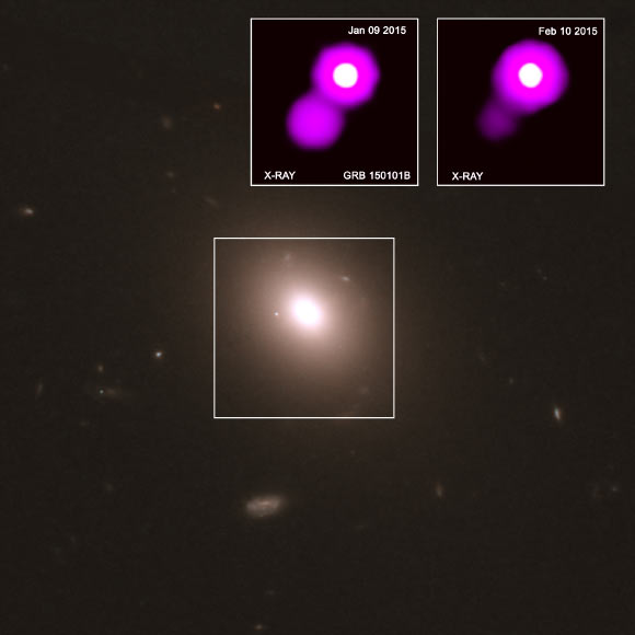 This image shows data from NASA’s Chandra X-ray Observatory (purple in the inset boxes) in context with an optical image of GRB 150101B from the NASA/ESA Hubble Space Telescope. Image credit: X-rays – NASA / CXC / GSFC / UMC / E. Troja et al; optical and infrared – NASA / STScI.