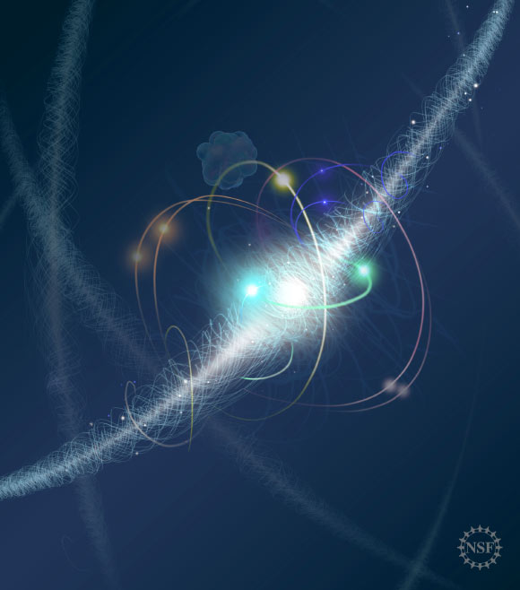 In this artist’s representation, an electron orbits an atom’s nucleus, spinning about its axis as a cloud of other subatomic particles are constantly emitted and reabsorbed. Image credit: Nicolle R. Fuller, National Science Foundation.