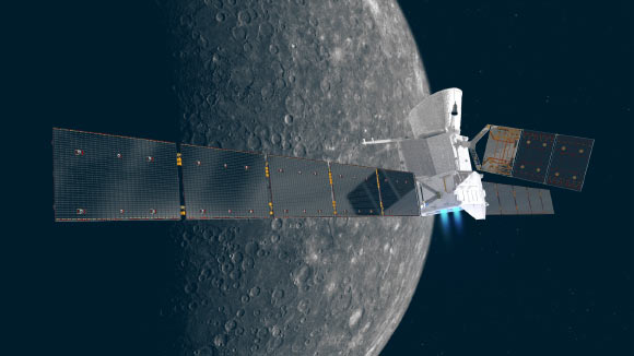 An artist’s impression of the ESA/JAXA BepiColombo spacecraft in cruise configuration, with Mercury in the background. On its 7.2 year journey to the innermost planet, BepiColombo will fly by Earth once, Venus twice and Mercury six times before entering into orbit. The MTM module is shown with ion thrusters firing, and with its solar wings extended, spanning about 100 feet (30 m) from tip-to-tip. The 24.6-foot (7.5 m) long solar array of the MPO orbiter in the middle is seen extending to the top. The Mio orbiter is hidden inside the sunshield in this orientation. Image credit: ESA / ATG Medialab / NASA / JPL.