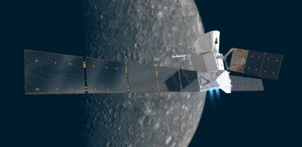An artist’s impression of the ESA/JAXA BepiColombo spacecraft in cruise configuration, with Mercury in the background. On its 7.2 year journey to the innermost planet, BepiColombo will fly by Earth once, Venus twice and Mercury six times before entering into orbit. The MTM module is shown with ion thrusters firing, and with its solar wings extended, spanning about 100 feet (30 m) from tip-to-tip. The 24.6-foot (7.5 m) long solar array of the MPO orbiter in the middle is seen extending to the top. The Mio orbiter is hidden inside the sunshield in this orientation. Image credit: ESA / ATG Medialab / NASA / JPL.